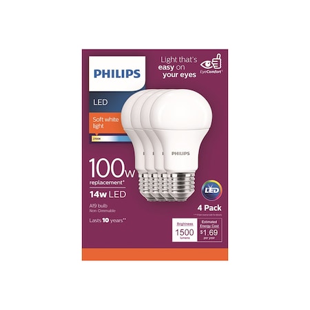Philips LED A19 E26 100W SW 4PK 542950